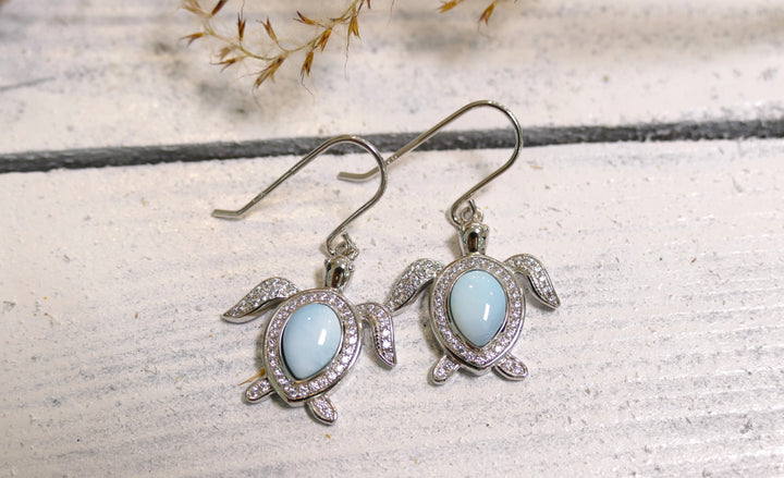 Sterling Silver - Silver CZ Larimar Turtle Dangle Earrings