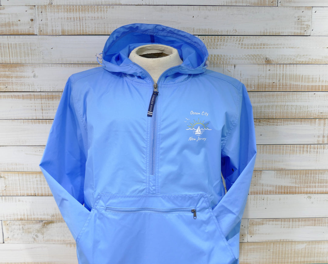 Charles River - Long Sleeve 1/4 Zip Hooded Pack & Go Rain Jacket - Capri Blue