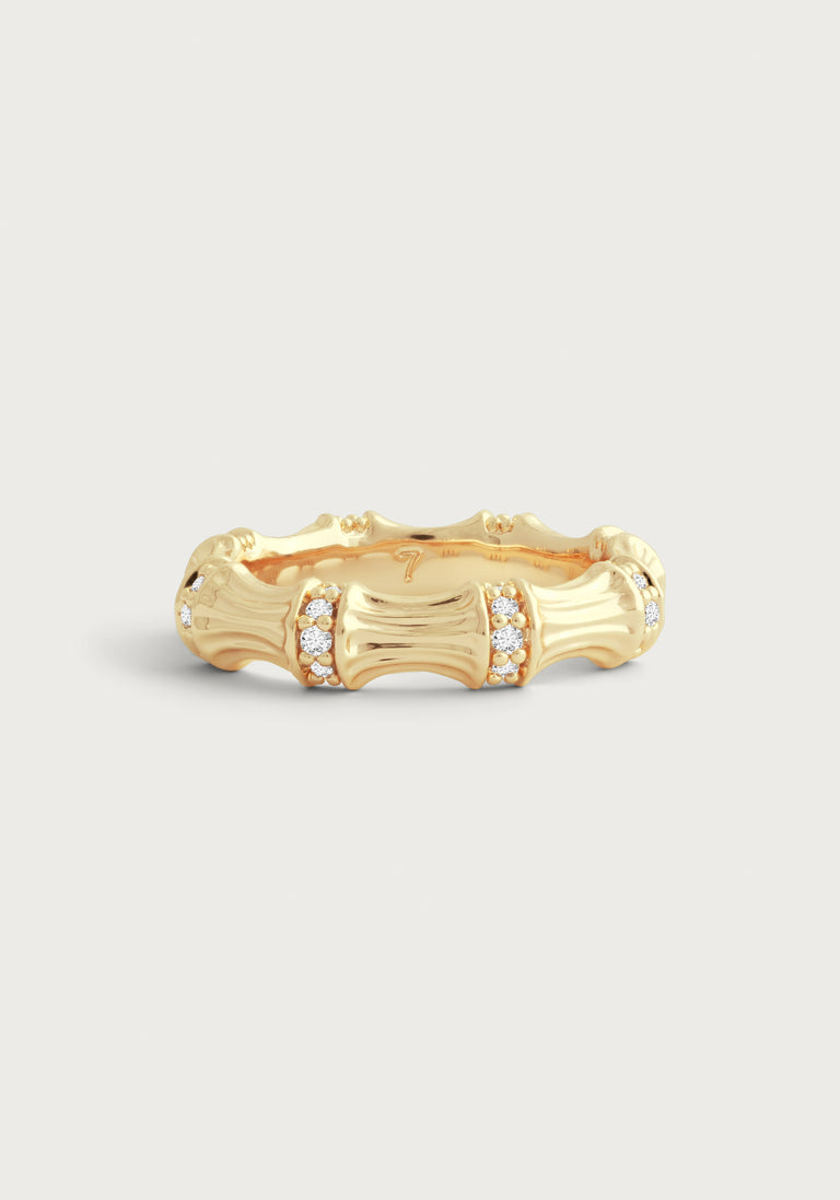 Anabel Arum - Brass - 18K Gold Plated Pave Crystal Bamboo Ring (Size 7)