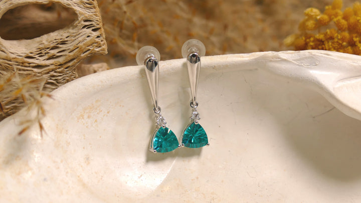14k White Gold Trillion Cut 2.2ct + 0.06ct Diamond Paraiba Tourmaline Dangle Earrings