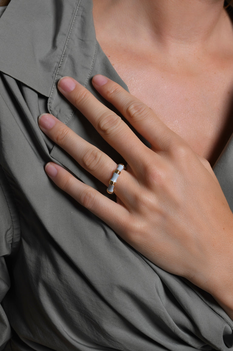 Anabel Arum - Brass - 18K Gold Plated Pale Blue Enamel Bamboo Ring (Size 7)