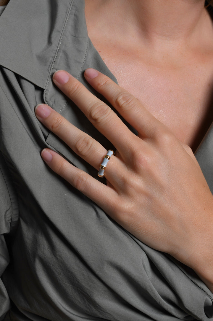 Anabel Arum - Brass - 18K Gold Plated Pale Blue Enamel Bamboo Ring (Size 7)