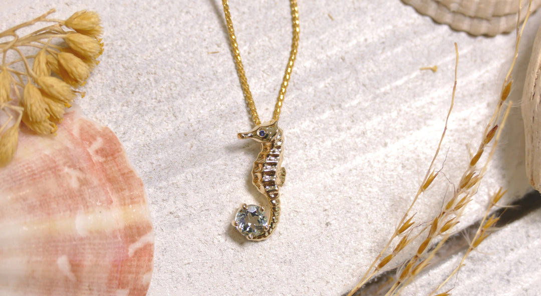 14k - Yellow Gold Sapphire Aquamarine Sea Horse Pendant