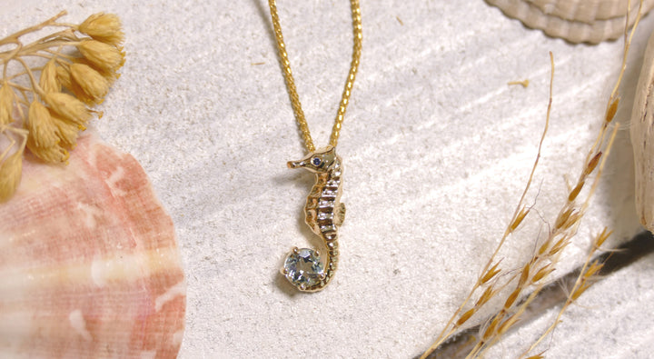 14k - Yellow Gold Sapphire Aquamarine Sea Horse Pendant