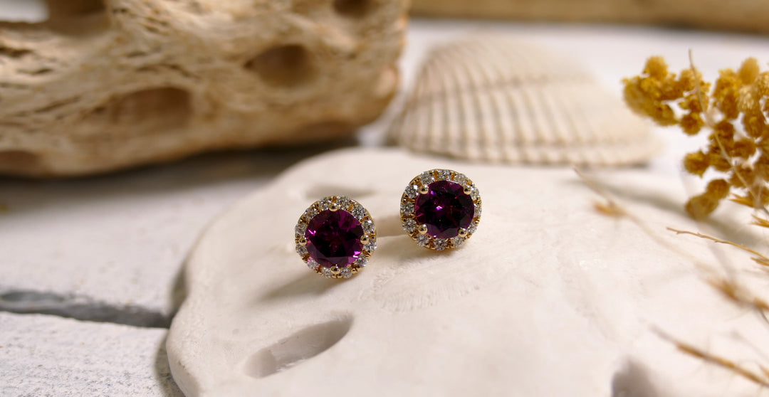14k Yellow Gold Round 0.31ct - Pink Rhodolite Diamond Stud Earrings