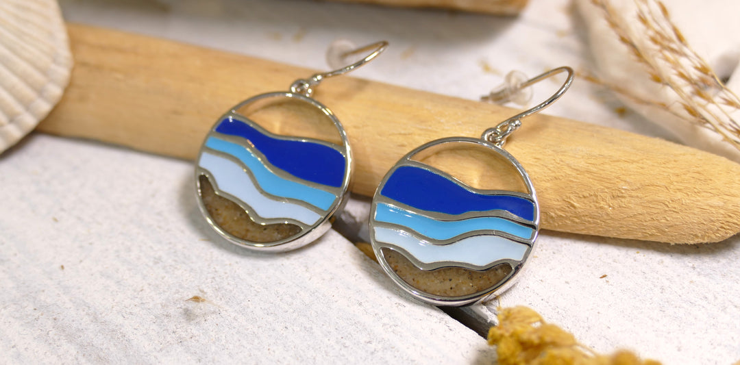 Dune - Sterling Silver - Hues of Blue, Wave Sea Glass Drop Ocean City Beach Sand Earrings