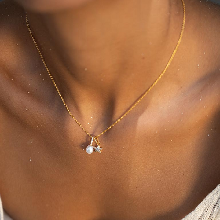 Ocean - 14k - Yellow Gold Freshwater Pearl Lab Grown Diamond Starfish Dangle Necklace