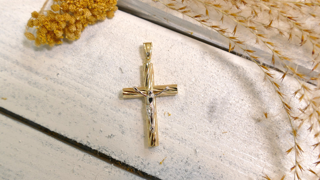 14k Two Tone Large Ridged Crucifix Pendant 6mm Bail (Chain not Included)