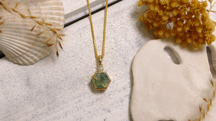 14k Yellow Gold 1.6ct + Diamond .05ct Moss Agate Hexagon Pendant
