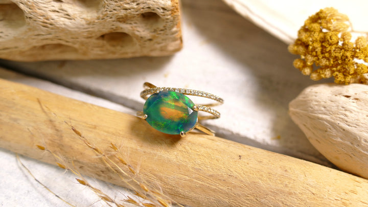 14k Yellow Gold Natural Diamond Oval Triple Band Twist - Green Ethiopian Opal (2.67ct) (Size 6.5)