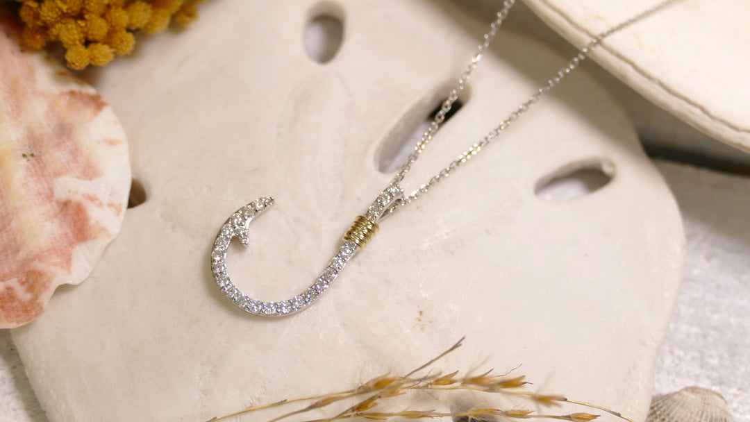 14k White Gold Two Tone Fish Hook 0.29ct Diamond Necklace