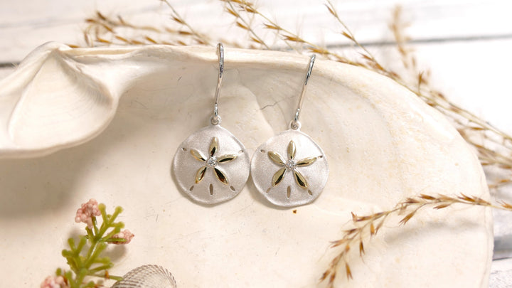 Sterling Silver - Two Tone 14KY Center Natural Diamond Drop Earrings