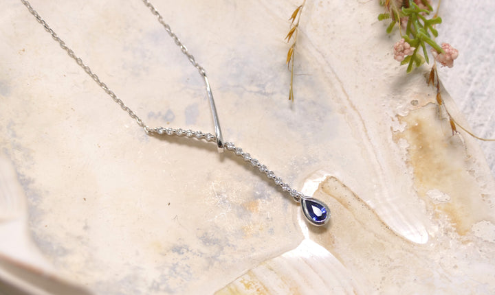 14k White Gold Diamond 0.15ct + Blue Sapphire 0.24ct Curved Bar + Teardrop Necklace