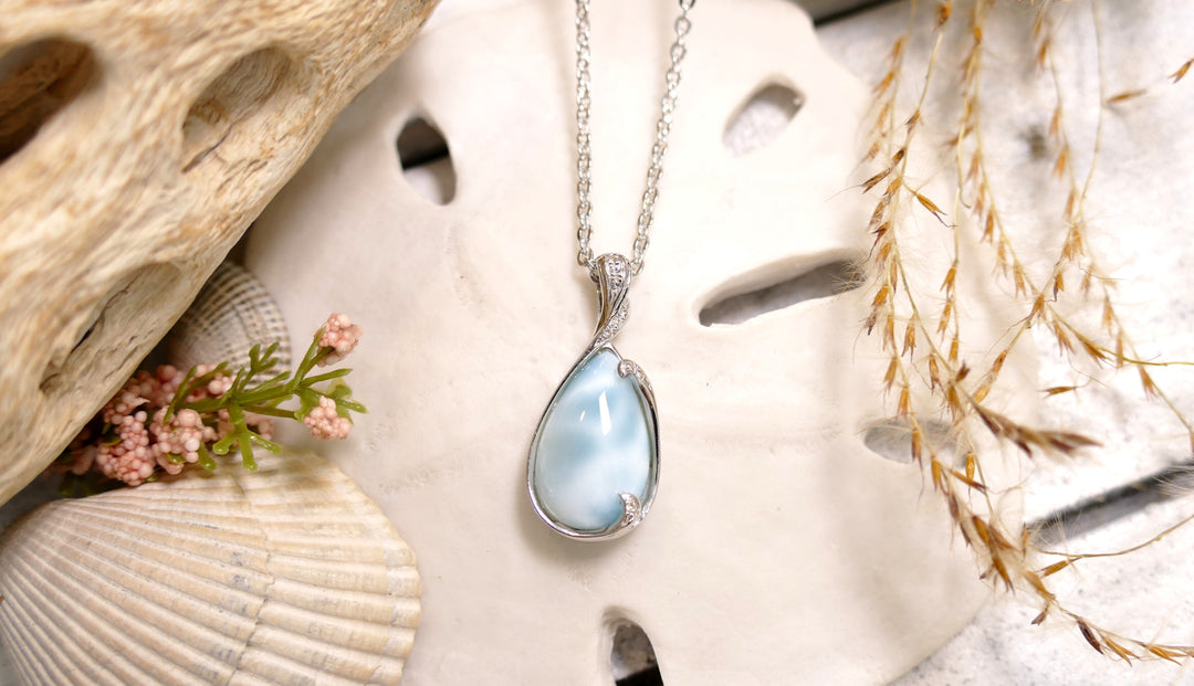 Sterling Silver - Silver With Diamonds Teardrop Larimar Necklace