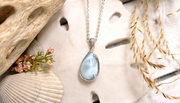 Sterling Silver - Silver With Diamonds Teardrop Larimar Necklace