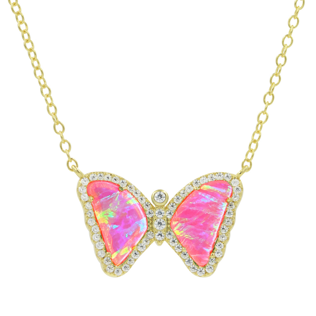 Kamaria - Sterling Silver - 14K Gold Plated Pink Opal Crystal Butterfly Adjustable 18" Necklace