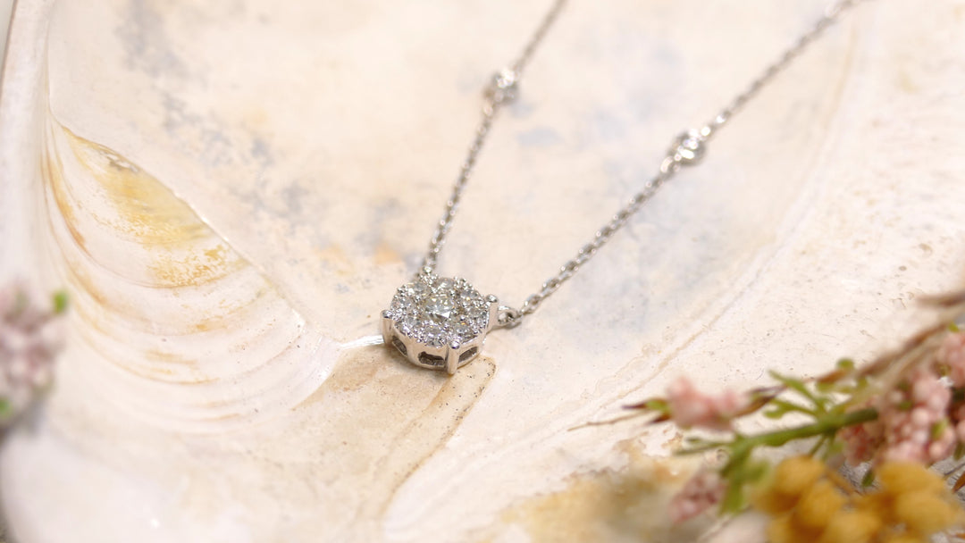 14k White Gold Diamond With 8 Accented Bezel Diamonds Necklace