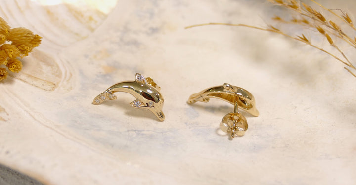 14k - Yellow Gold Natural Diamond Dolphin Stud Earrings