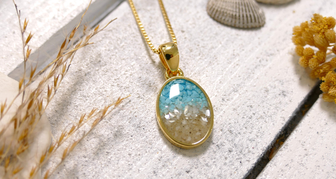 Dune - Sterling Silver - Gold Vermeil Ocean Gradient Sand Drop Oval Necklace (18')