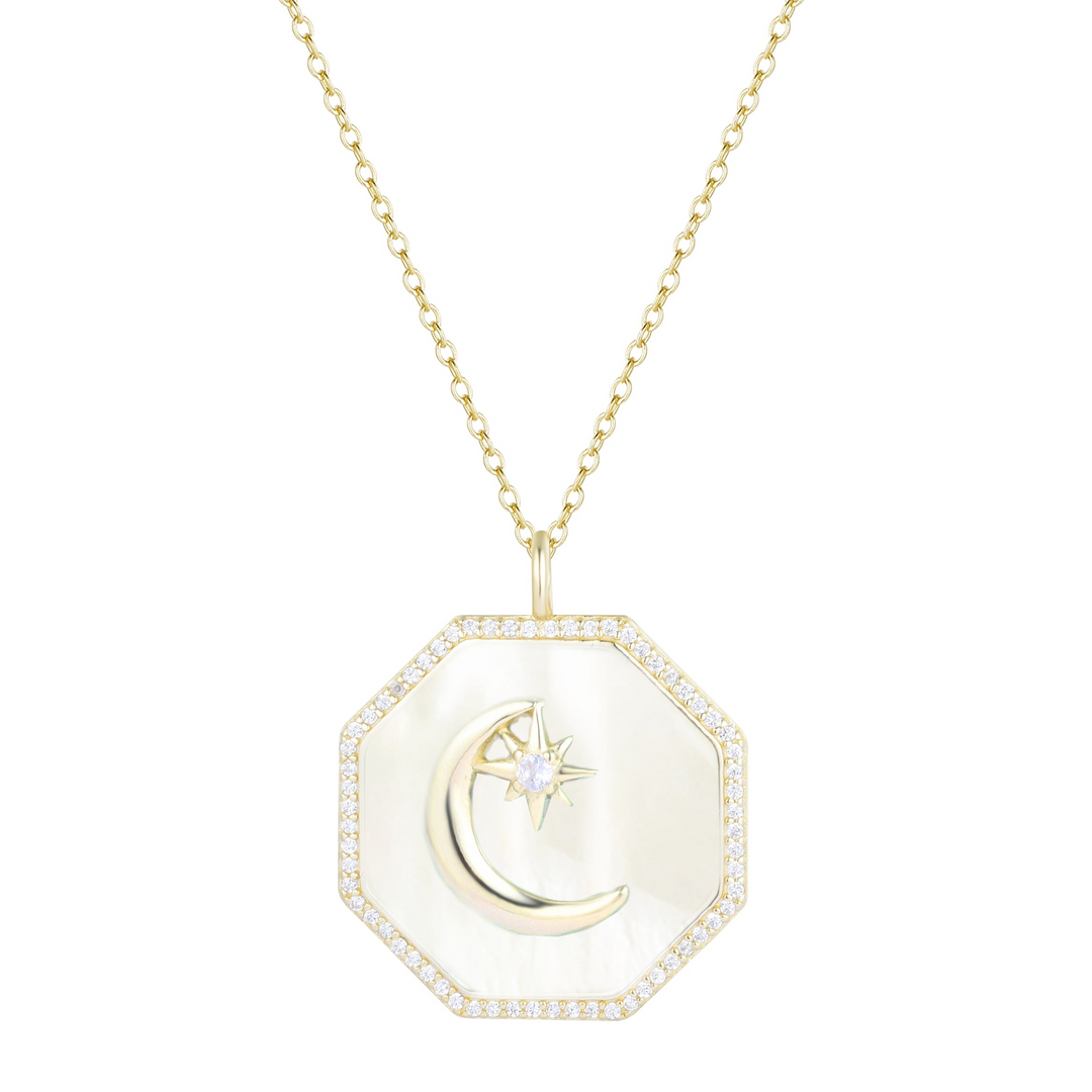 Kamaria - Sterling Silver - 14K Gold Plated Medallion - Pearl Crystal Octagon Adjust. 18" Moon Necklace