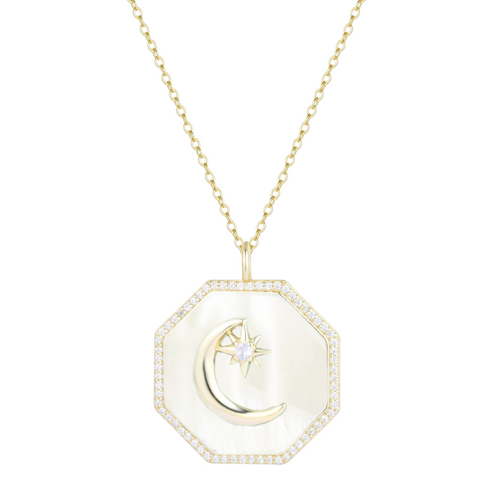 Kamaria - Sterling Silver - 14K Gold Plated Medallion - Pearl Crystal Octagon Adjust. 18" Moon Necklace