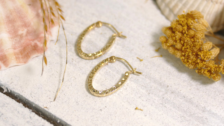 14k Yellow Gold Oval - Diamond Cut Hoop Earrings