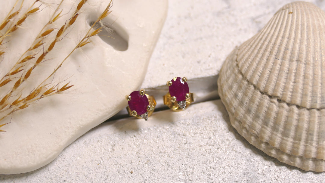 14k Yellow Gold Oval 1 Accented Diamond 0.02ct Ruby Stud Earrings