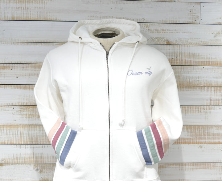 Ocean City Classics - Long Sleeve Full Zip Hooded Pastel Stripe + Sunrays Sweatshirt - Ivory