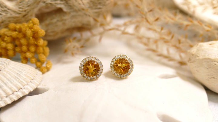 14k Yellow Gold Round 0.19ct Citrine Diamond Halo Stud Earrings