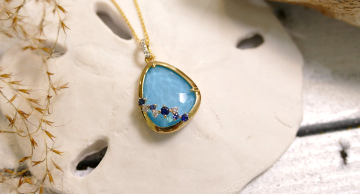 14k - Yellow Gold - Reversible - With Blue Sapphires - Pear Turquoise Pendant (Length 18")
