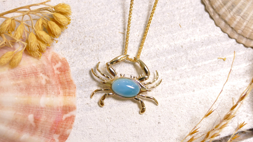 14k - Yellow Gold Larimar Crab Pendant