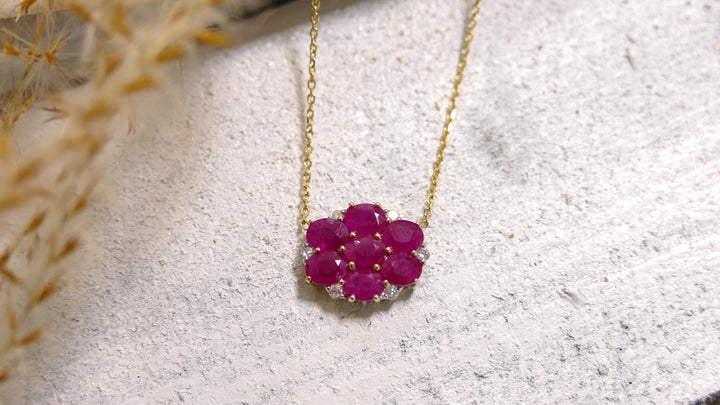 14k - Yellow Gold Cluster Ruby Oval Necklace