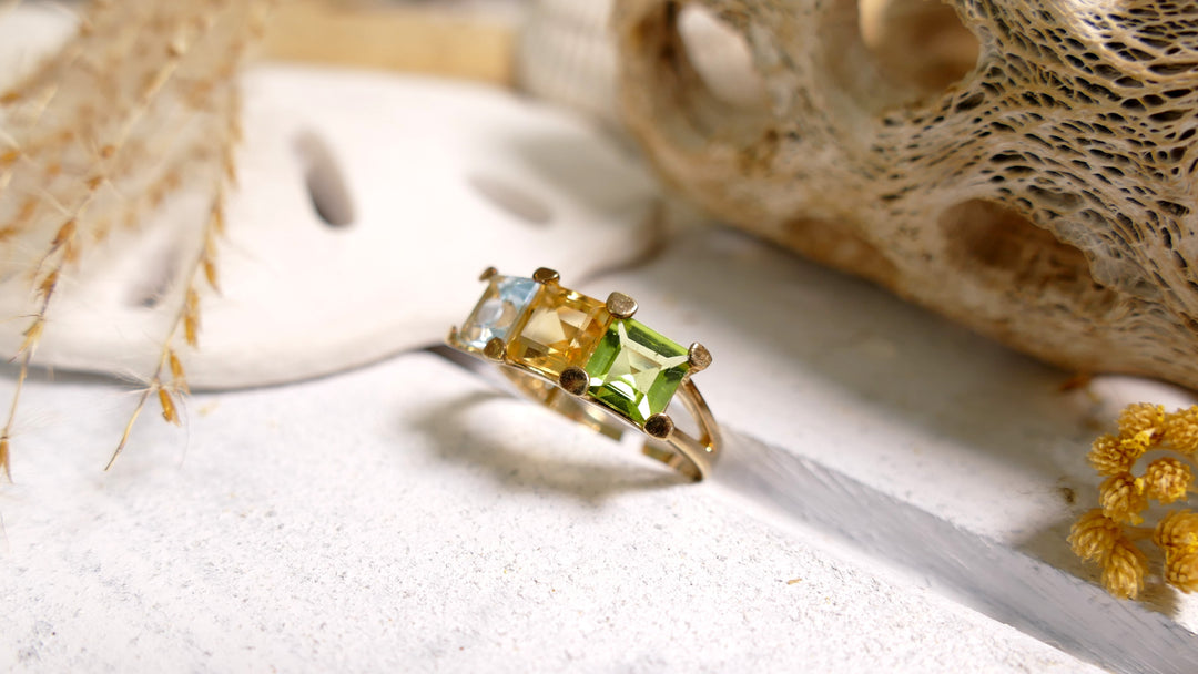 Sterling Silver - 14K Gold Plated Peridot, Citrine, Topaz Ring (Size 6)