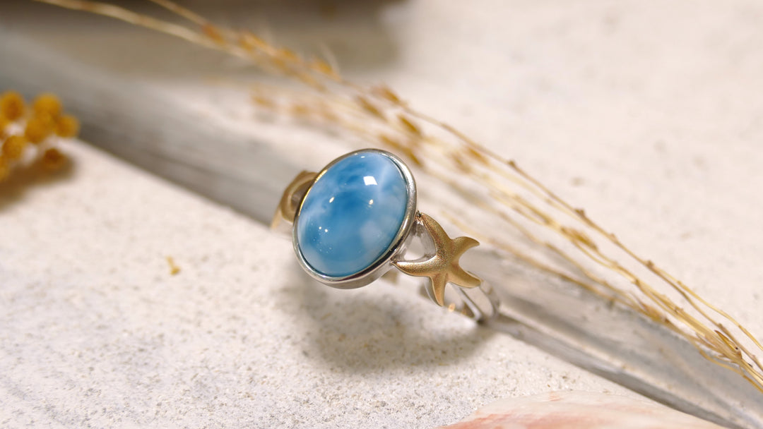 Sterling Silver - Two Tone 14KY Starfish Oval Larimar Ring