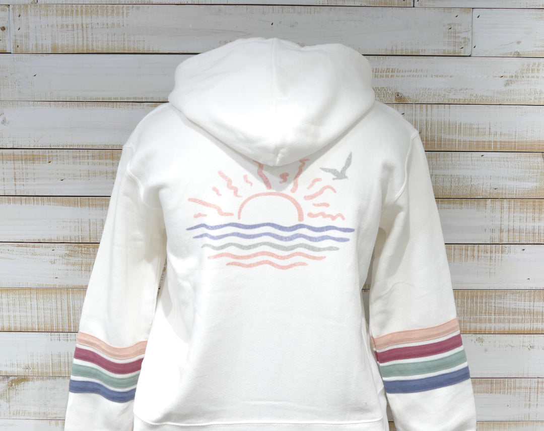 Ocean City Classics - Long Sleeve Full Zip Hooded Pastel Stripe + Sunrays Sweatshirt - Ivory