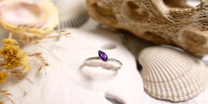 14k White Gold Amethyst Stackable Sideways Marquise Ring (Size 7)