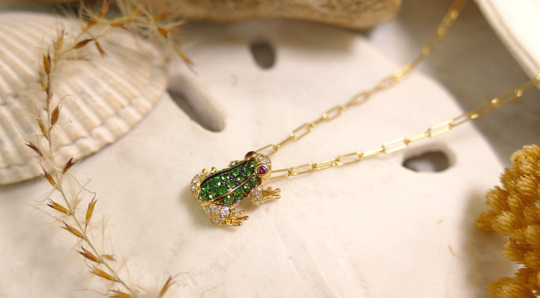 14k Yellow Gold Frog - Tsavorite .20ct + Ruby .02ct .09ct Dia. Diamond Pendant