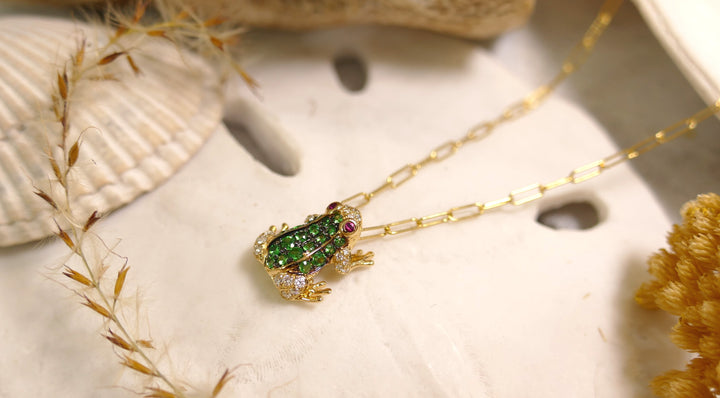 14k Yellow Gold Frog - Tsavorite .20ct + Ruby .02ct .09ct Dia. Diamond Pendant