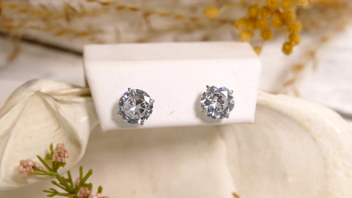 14k White Gold CZ 7mm Basket/Round Stud Earrings