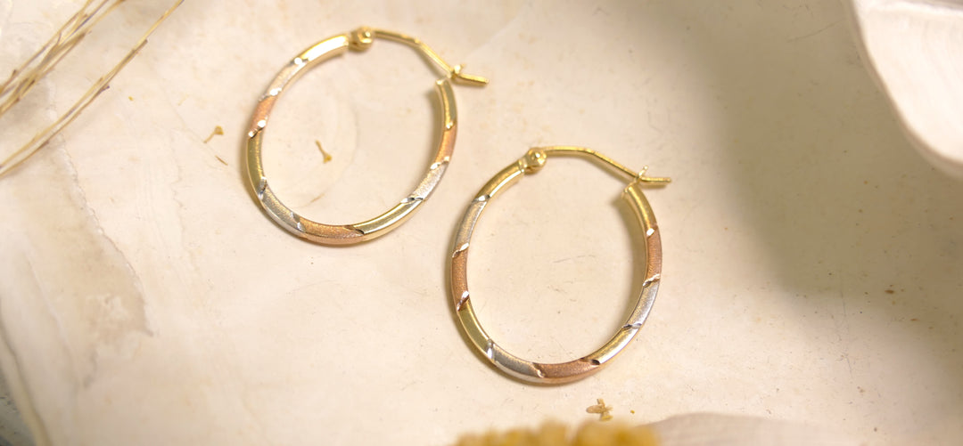 14k Tri-Color Oval/Cut Hoop Earrings
