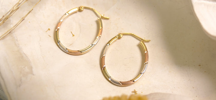 14k Tri-Color Oval/Cut Hoop Earrings