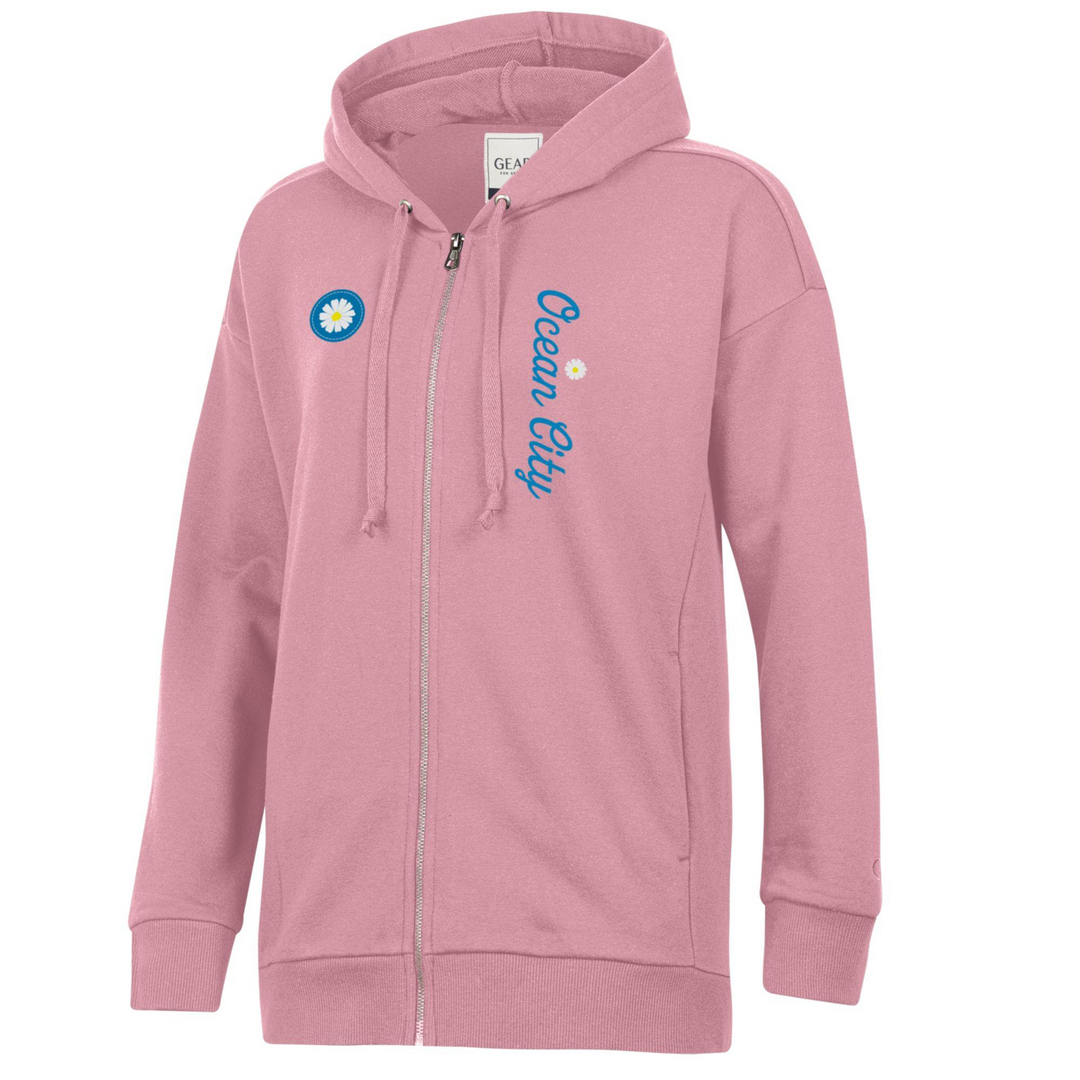 GEAR - Long Sleeve Full Zip Hooded Daisy Flower Sweatshirt - Dusty Rose