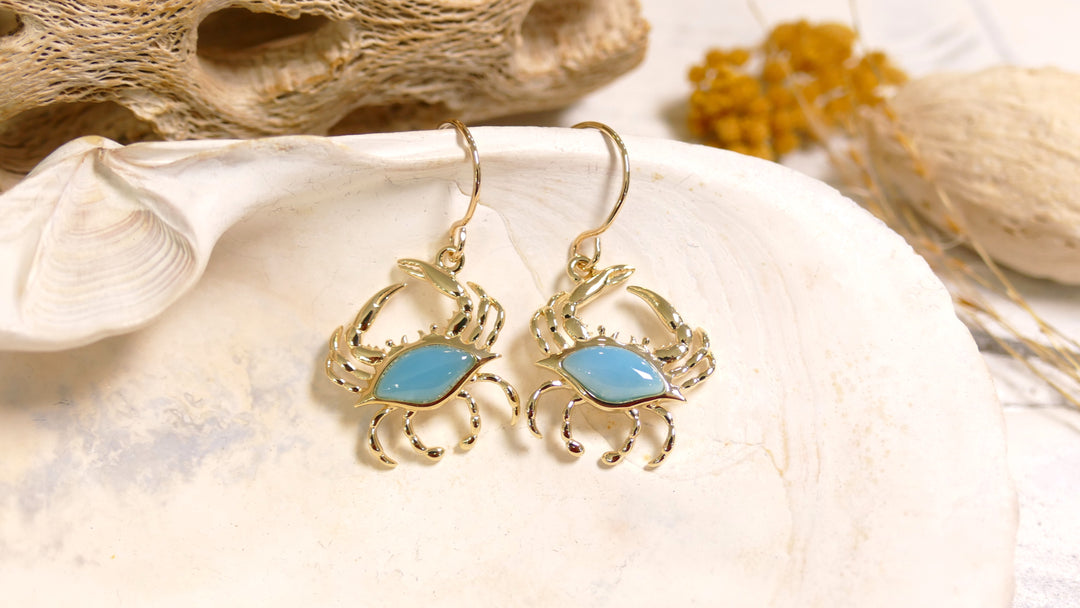 14k - Yellow Gold Larimar Crab Dangle Earrings