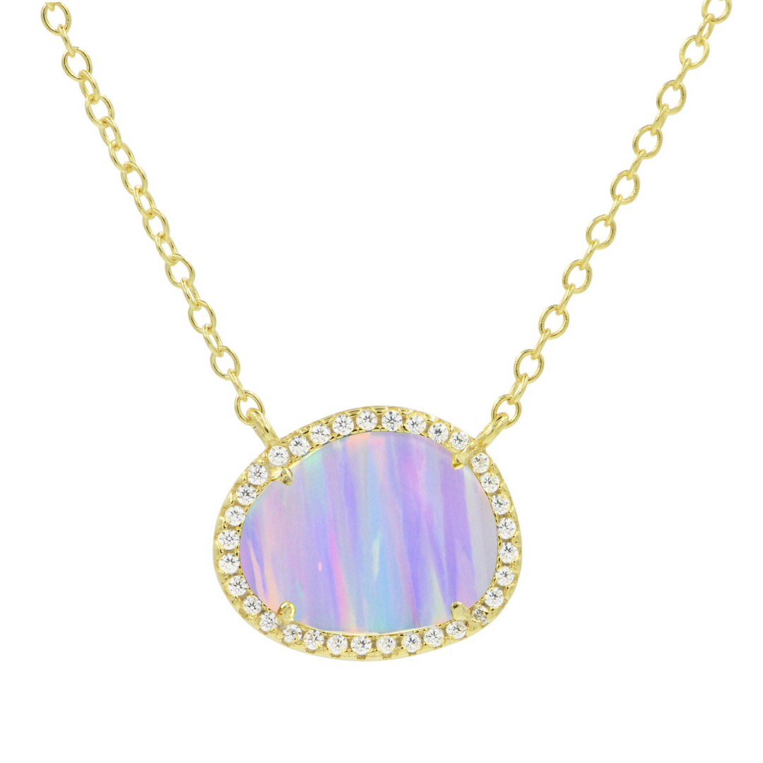 Kamaria - Sterling Silver - 14K Gold Plated Lavender Opal Crystal Oval Adjust. 18" Necklace