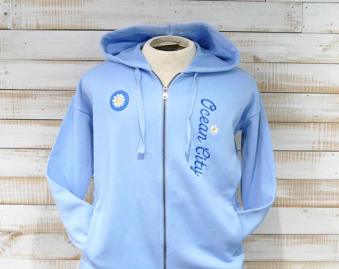 GEAR - Long Sleeve Full Zip Hooded Daisy Flower Sweatshirt - Blue