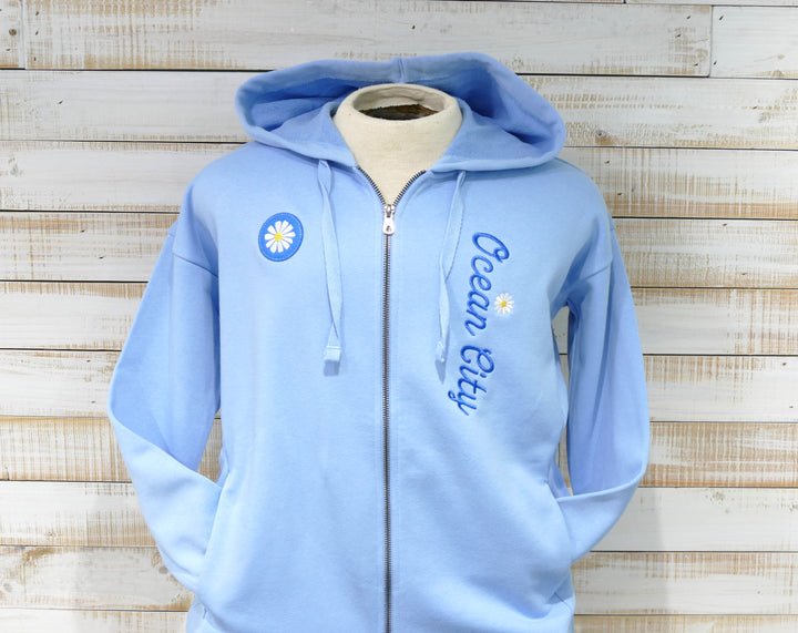 GEAR - Long Sleeve Full Zip Hooded Daisy Flower Sweatshirt - Blue