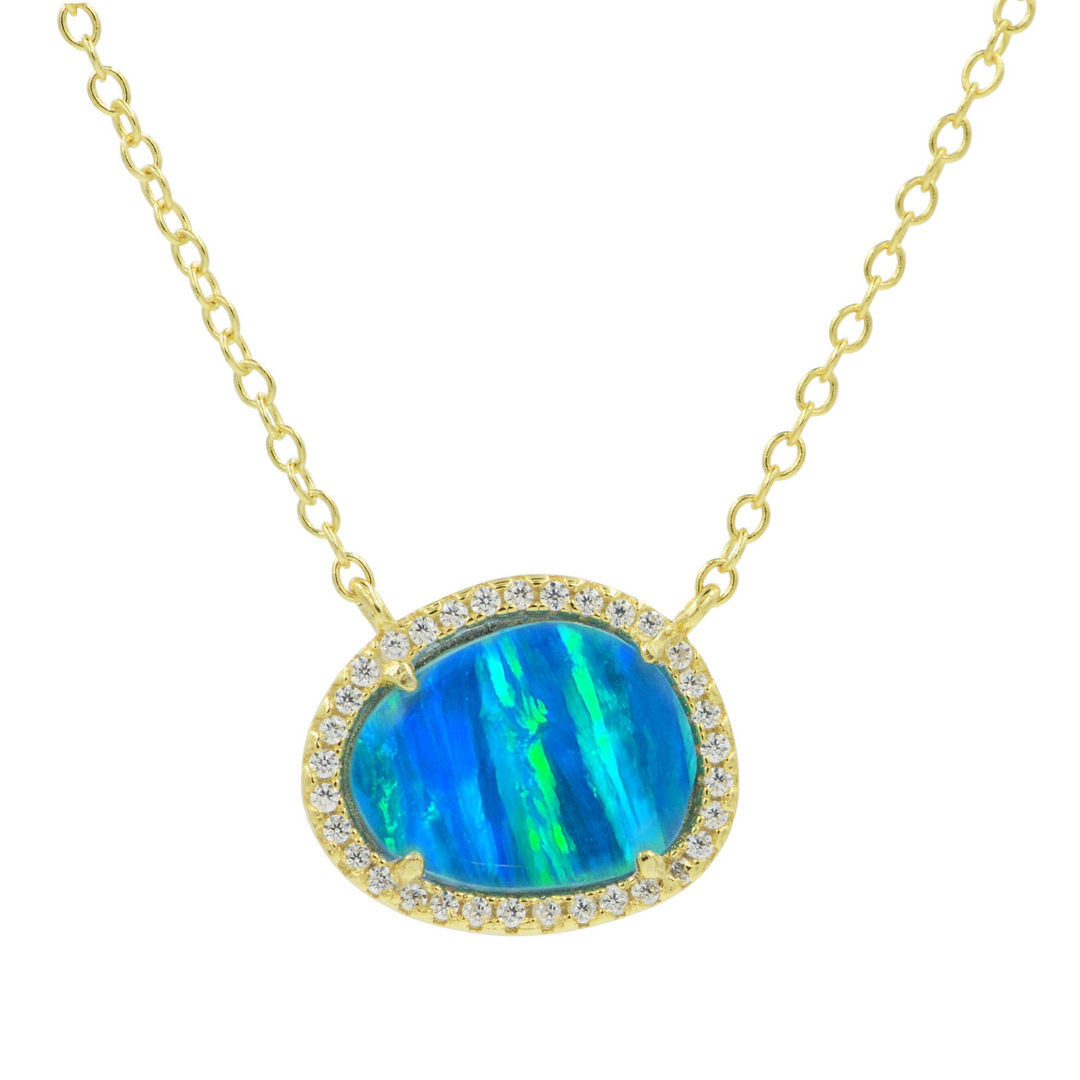 Kamaria - Sterling Silver - 14K Gold Plated - Blue Opal Crystal Oval Adjust. 18" Necklace