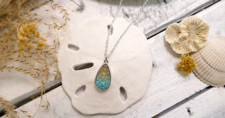 Dune - - Silver Plated Explorer Teardrop Turquoise Gradient Ocean City Beach Sand Necklace