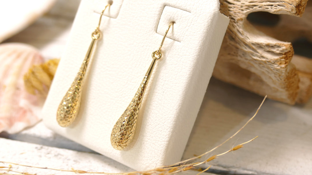 14k Yellow Gold Diamond Cut ElongatedTeardrop Drop Earrings