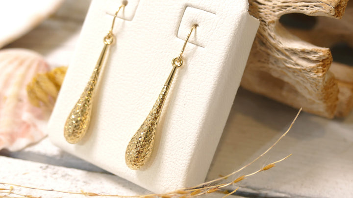 14k Yellow Gold Diamond Cut ElongatedTeardrop Drop Earrings